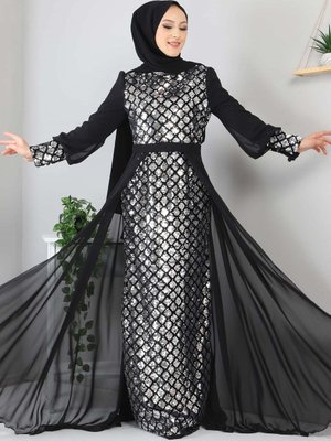 Gümüş Pulpayetli Şifon Abiye Elbise