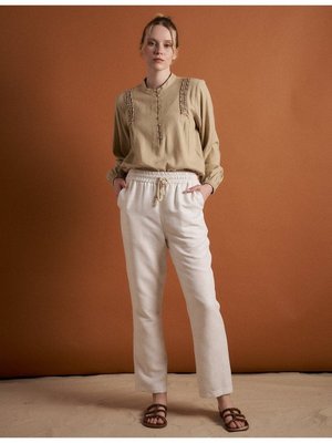 Beli Lastikli Keten Karışımlı Pantolon Ekru