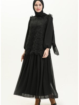Numara Moda Siyah Uzun Elbise Dantel Detaylı Astarlı Şifon Büyük Beden