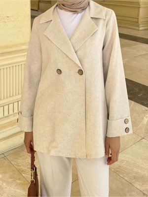 Çift Düğmeli Manşetleri Düğme Detaylı Keten Ceket