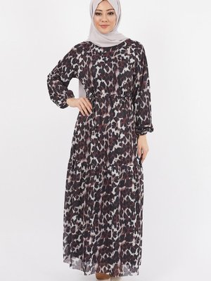 Bordo Leopar Desenli Şifon Elbise Bordo Leopar Desenli Şifon Elbise