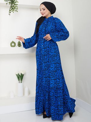 Mavi Hakim Yaka Bel Kemerli Desenli Elbise