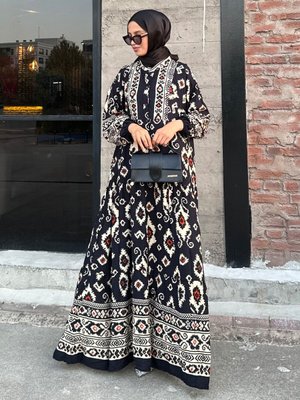 Lacivert Etnik Desenli Viskon Elbise