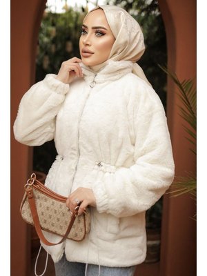 Beyaz Tünel Bağcıklı İçi Astarlı Peluş Mont