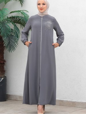 Antrasit Fermuarlı Şifon Abiye Ferace Antrasit Fermuarlı Şifon Abiye Ferace