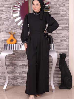 Siyah İnci Detaylı Tulum Elbise Siyah İnci Detaylı Tulum Elbise