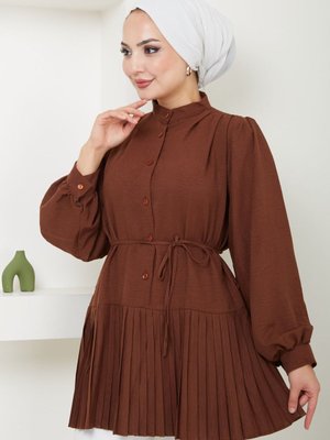 Kahverengi Önü Düğmeli Piliseli Prenses Kol Tunik Kahverengi Önü Düğmeli Piliseli Prenses Kol Tunik