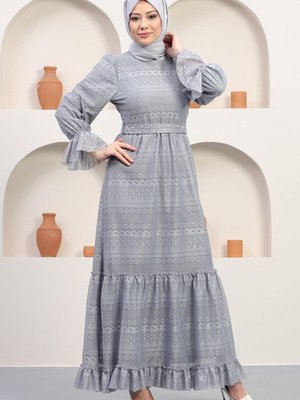 Gri İnci Detaylı Dantel Abiye Elbise Gri İnci Detaylı Dantel Abiye Elbise