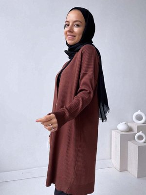 Button Fitilli Merserize Hırka Kahverengi