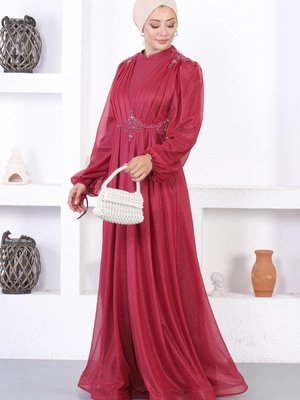 Bordo İncili Dantelli Simli Abiye Elbise Bordo İncili Dantelli Simli Abiye Elbise