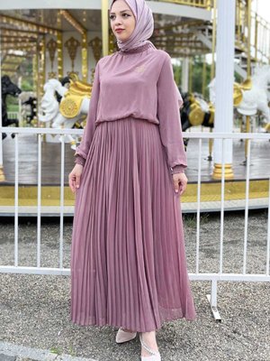 Gül Kurusu Pileli Şifon Abiye Elbise Gül Kurusu Pileli Şifon Abiye Elbise