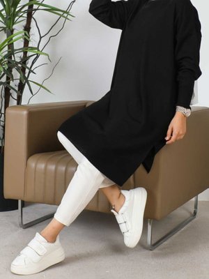 Siyah Bisiklet Yaka Ince Merserize Salaş Triko Tunik