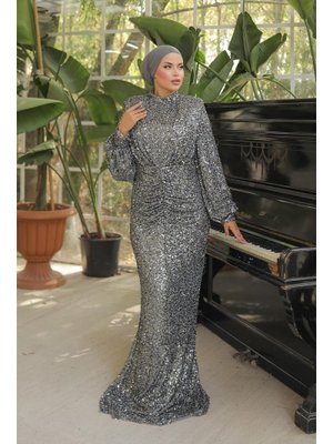 Gri Hüma Payetli Abiye Elbise