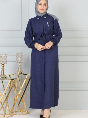 İndigo Taş Detaylı Fermuarlı Ferace İndigo Taş Detaylı Fermuarlı Ferace