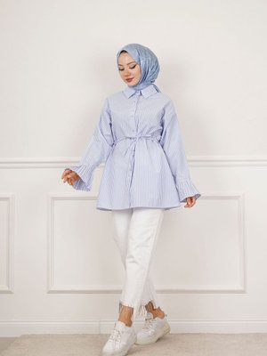 Kolu Pileli Kalın Çizgili Gömlek Kolu Pileli Kalın Çizgili Gömlek