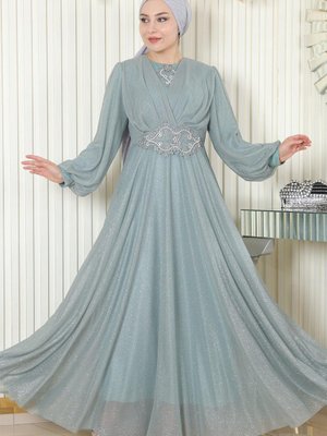 Mint İnci Detaylı Drapeli Simli Abiye Elbise