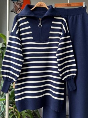 Lacivert Çizgili Fermuar Yaka Triko Alt Üst Takım