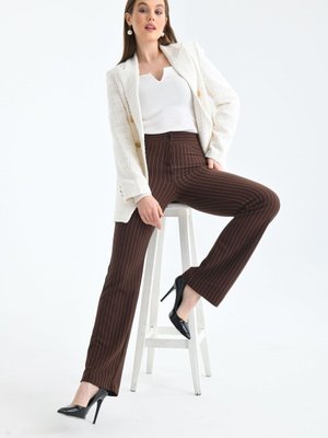 Kahverengi Likralı Beli Lastikli Geniş Paça Çizgili Pantolon