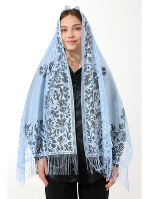 Açık Mavi Püsküllü Tül Şal Mevlüt Örtüsü Açık Mavi Püsküllü Tül Şal Mevlüt Örtüsü