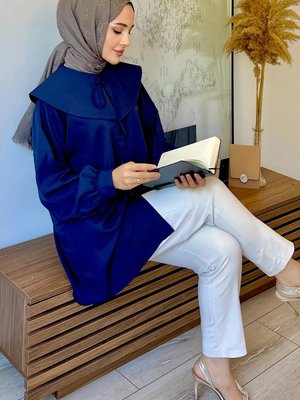 Lacivert Balon Kol Bebe Yaka Gömlek Tunik