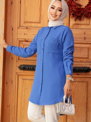 Düğmeli İndigo Mavisi Tunik