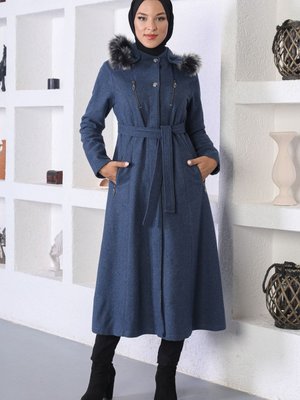 İndigo Fermuar Detaylı Kaşe Kaban