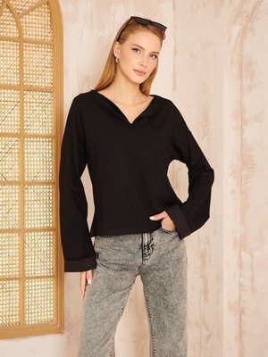 Siyah Ekstra Uzun Duble Kol / Yakası Yırtmaçlı Salaş Bluz Sweatshirt