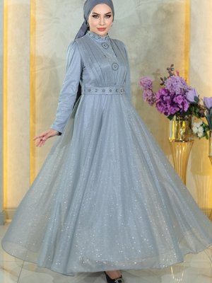 Gümüş Taş Detaylı Göğsü Drapeli Simli Abiye Elbise