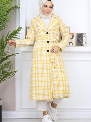 Sarı Ekoseli Şanel Kaşe Kaban