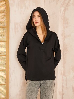 Siyah Scuba Kapüşonlu Arkası Uzun Salaş Rahat Kalıp Sweatshirt