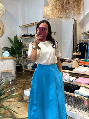 Mavi Pliseli Uzun Etek