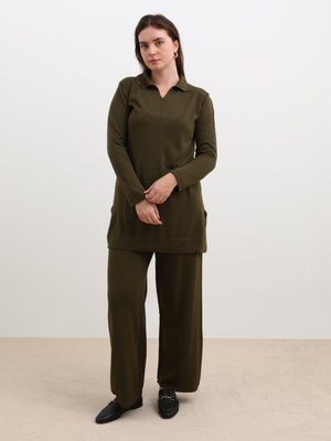 Haki Büyük Beden Tunik & Pantolon İkili Triko Takım
