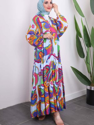 Mor Yarım Düğmeli Eteği Katlı Viscon Elbise Mor Yarım Düğmeli Eteği Katlı Viscon Elbise