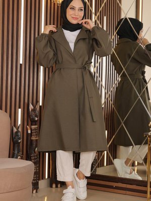 Haki Geniş Yaka Kuşaklı Trençkot