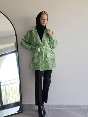 Giyim Özel Tasarım Yeşil Çiçek Desenli Tül Ceket