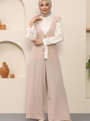 Bej Papyonlu Düğmeli Tulum