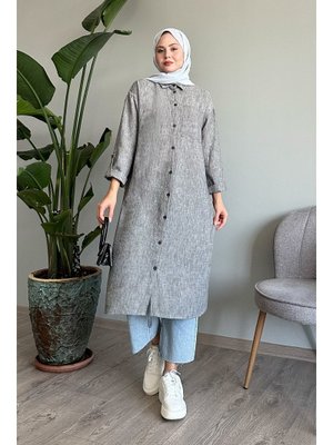 Keten Cepli Uzun Gri Salaş Gömlek