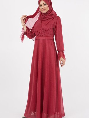 Bordo Simli Kol Detaylı Abiye Elbise Bordo Simli Kol Detaylı Abiye Elbise