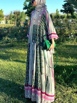 Yeşil Ekru Oversize Yazlık Viskon Elbise