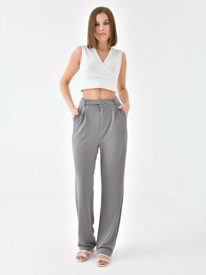 Gri Kemer Detaylı Yüksel Bel Full Likralı Pantolon