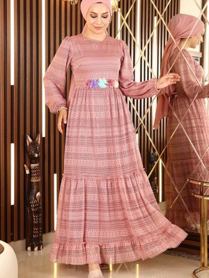 Pembe Dantelli Kemeri Çiçekli Abiye Elbise