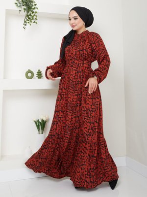 Bordo Hakim Yaka Bel Kemerli Desenli Elbise Bordo Hakim Yaka Bel Kemerli Desenli Elbise