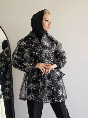 Giyim Özel Tasarım Siyah Çiçek Desenli Tül Ceket