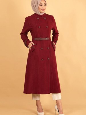 Bordo Deri Kemerli Kaşe Kaban