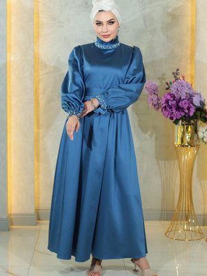 İndigo İncili Saten Abiye Elbise