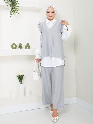 Gri Trend Kumaş Gömlekli Yelekli 3lü Takım