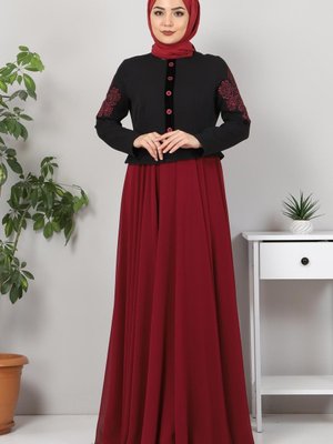 Bordo Nakışlı Şifon Abiye Elbise Bordo Nakışlı Şifon Abiye Elbise