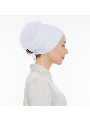 Dikişsiz Kaymaz Güpür Fırfırlı Bone Beyaz