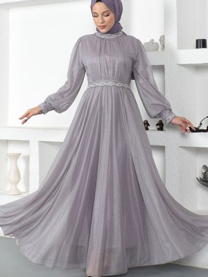 Gri İnci Detaylı Simli Abiye Elbise Gri İnci Detaylı Simli Abiye Elbise