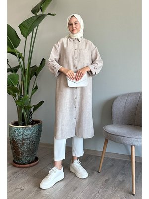 Keten Cepli Uzun Taş Salaş Gömlek